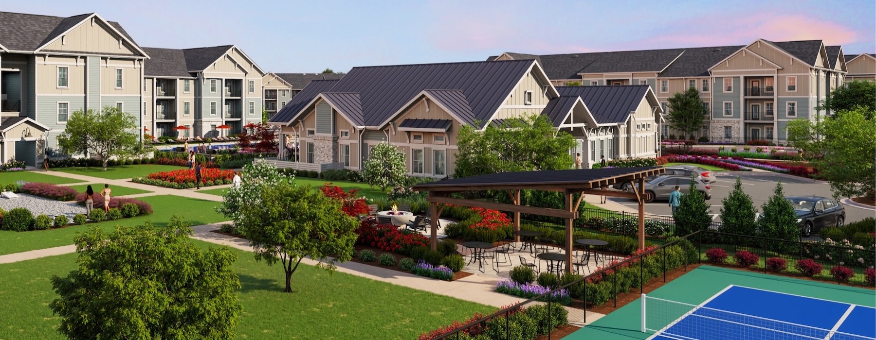 a neighborhood with a pickleball court