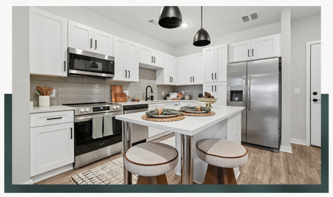 Pooler apartment kitchen with white cabinetry and stainless steel appliances