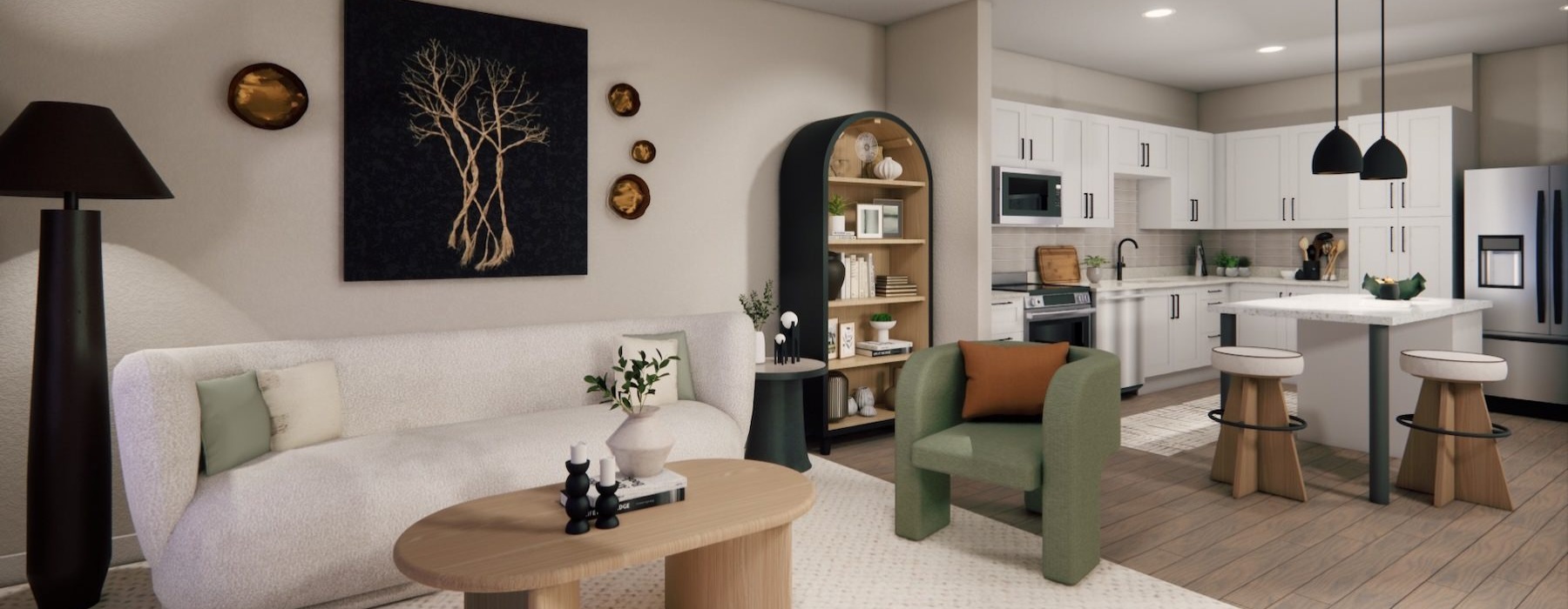 a living room with a couch and a table