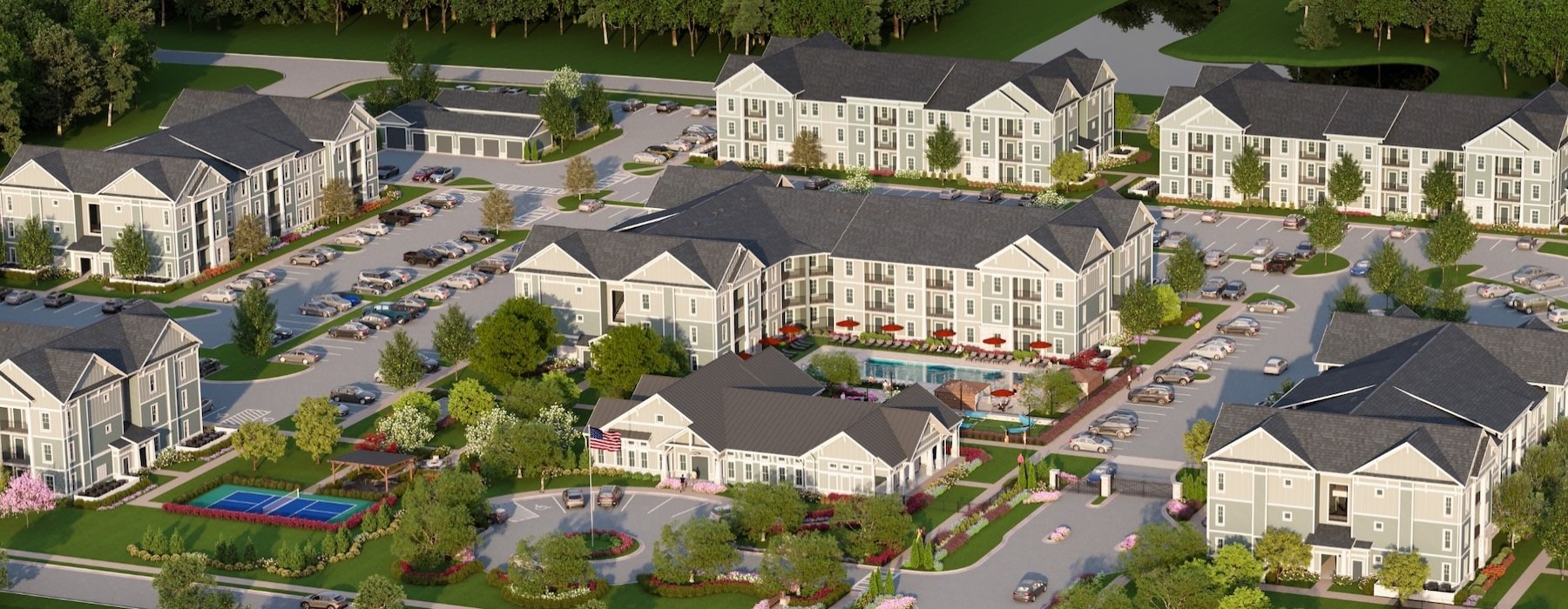 an aerial view of an apartment complex