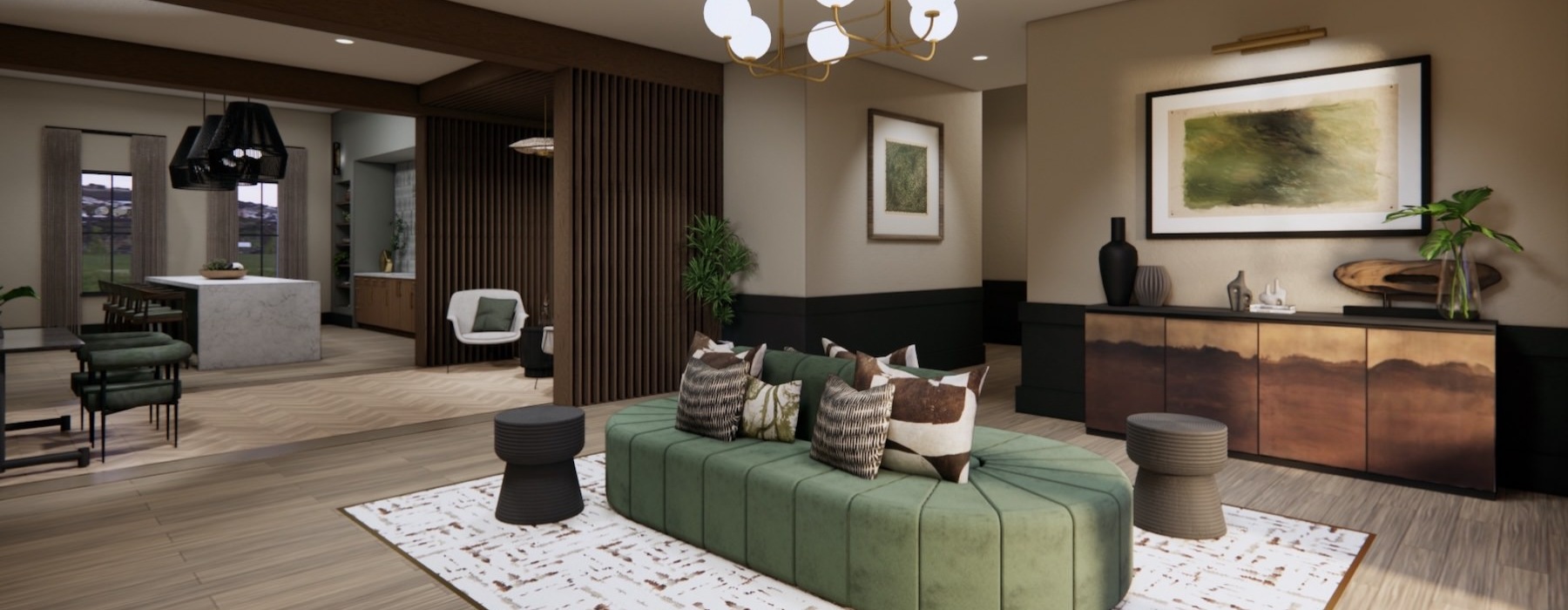 a clubroom with a green couch and tables