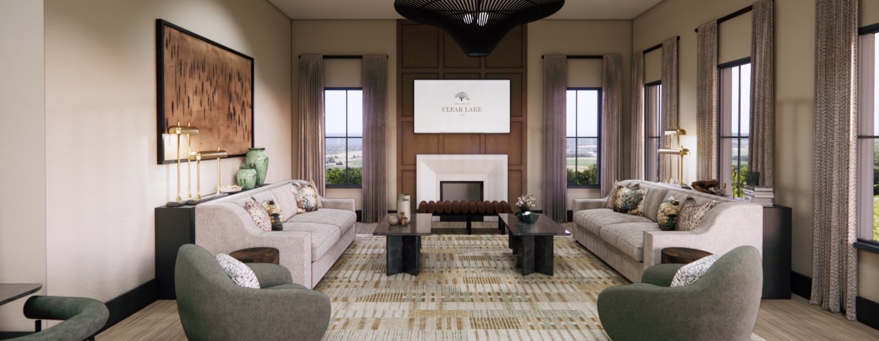 a clubroom with couches, tables and chairs