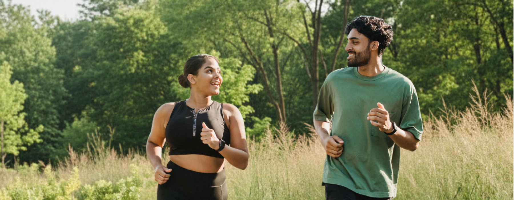 Friends running on a trail 