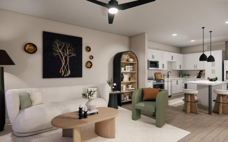 a living room with a couch and a table