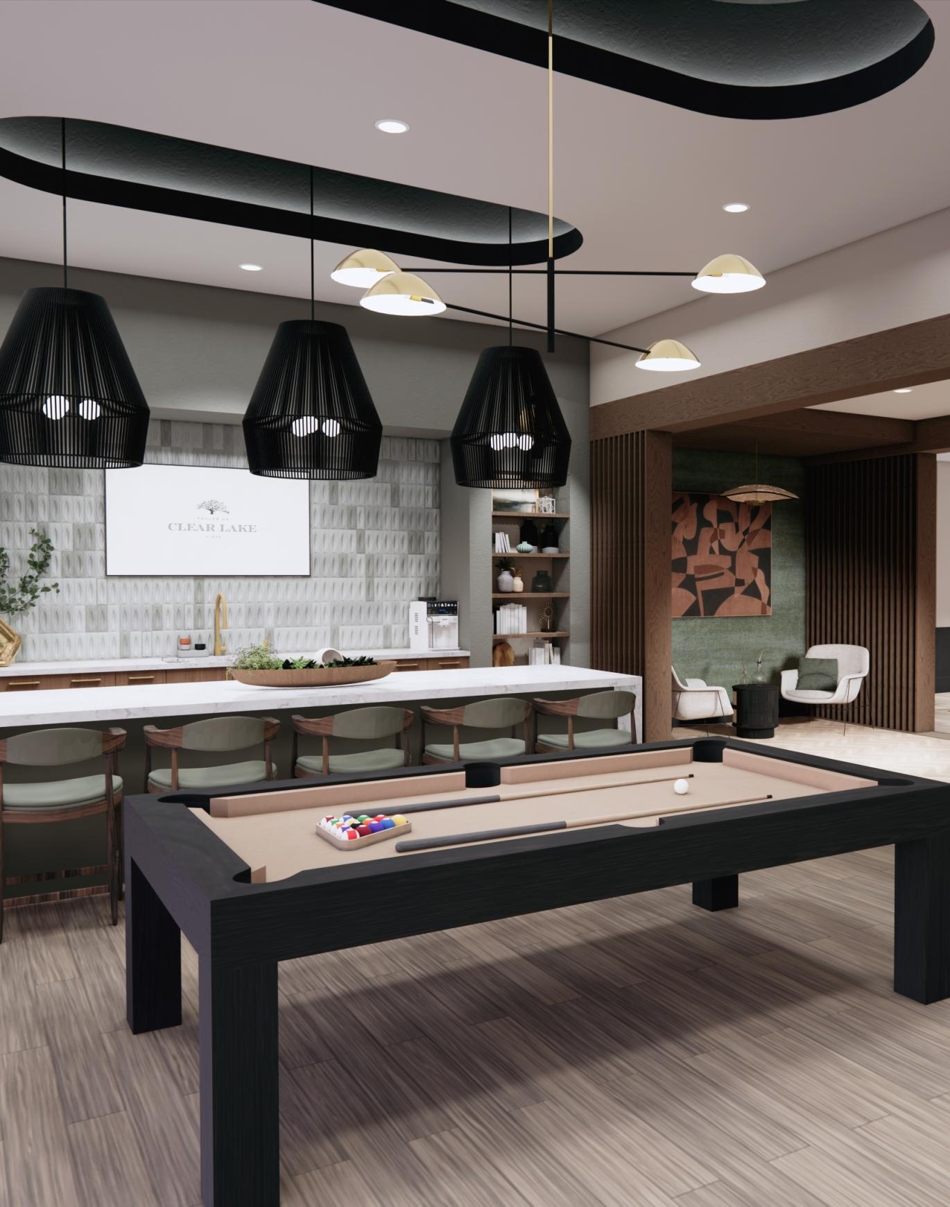 a room with a pool table and chairs