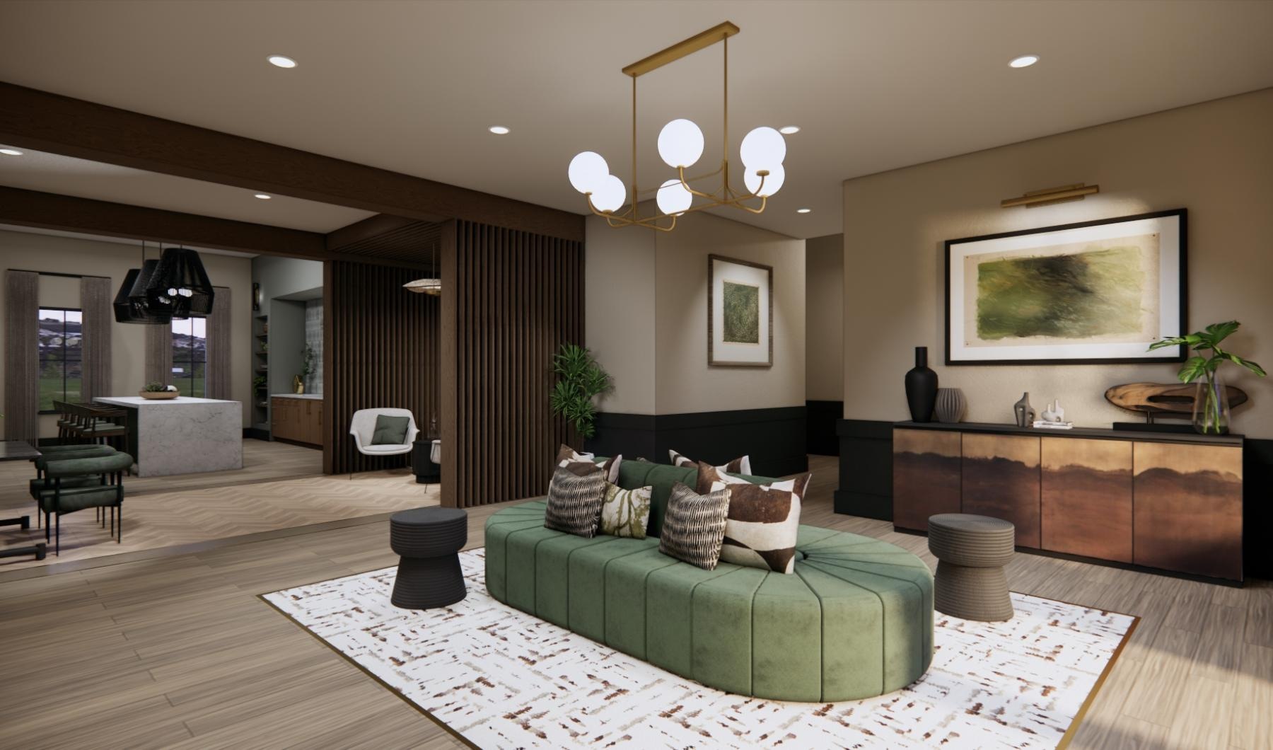 a clubroom with a couch and a table