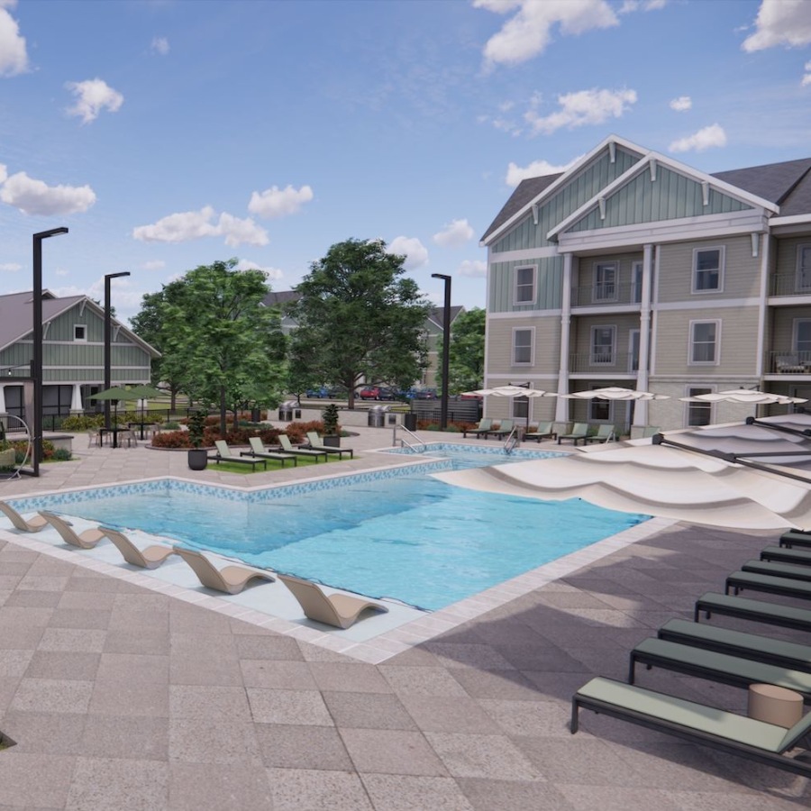 a pool with lounge chairs