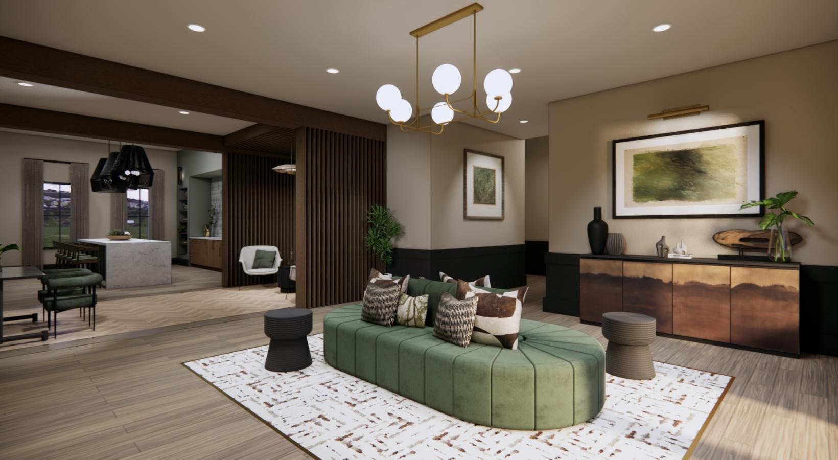 a clubroom with a green couch and tables