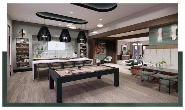 a clubroom with a pool table and chairs